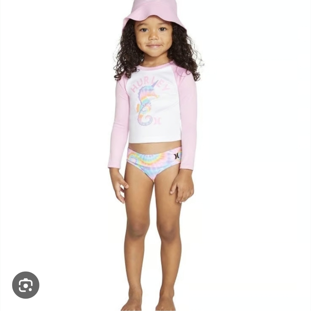 NWT Hurley Girls 3-Piece Swim Set Size 4T Seahorse Tie-Dye Rash Guard Bikini